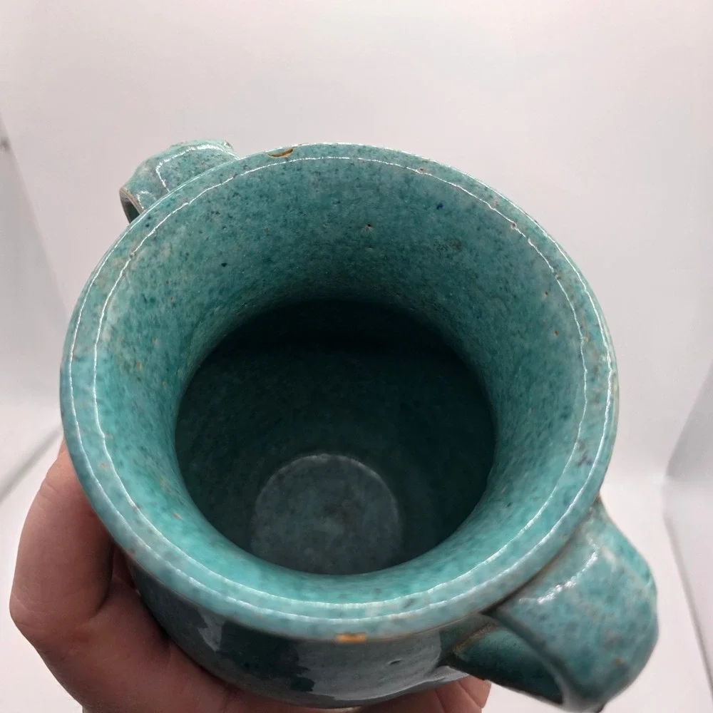 Vintage Monmouth Pottery Turquoise Double Handle Vase Aqua Art Pottery USA